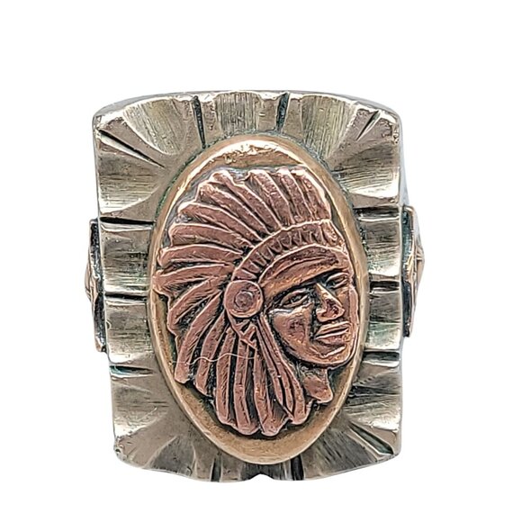 Mexican Indian Head Biker Ring Size 11 Aztec Warrior Side Decor Vintage 1960s